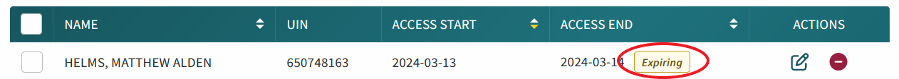 Screenshot showing a Group Member with a yellow Expiring icon indicating expiring access