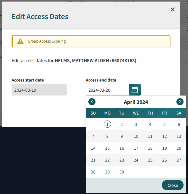 A popup window modal to manually edit access dates for a user